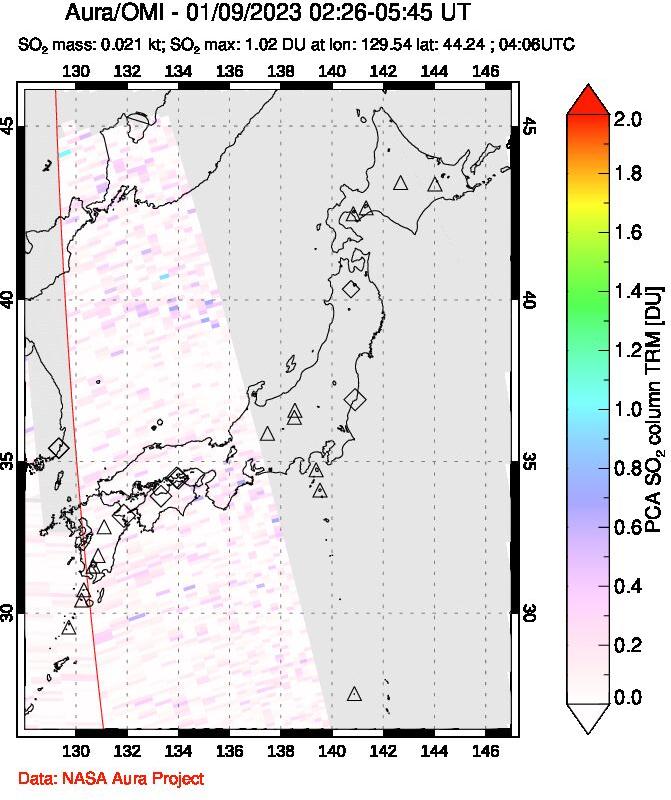 A sulfur dioxide image over Japan on Jan 09, 2023.
