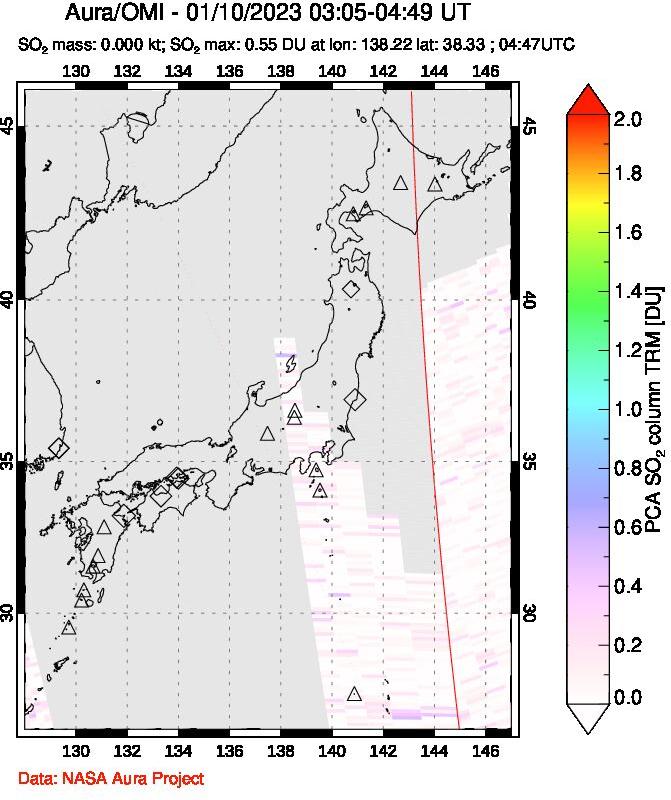 A sulfur dioxide image over Japan on Jan 10, 2023.