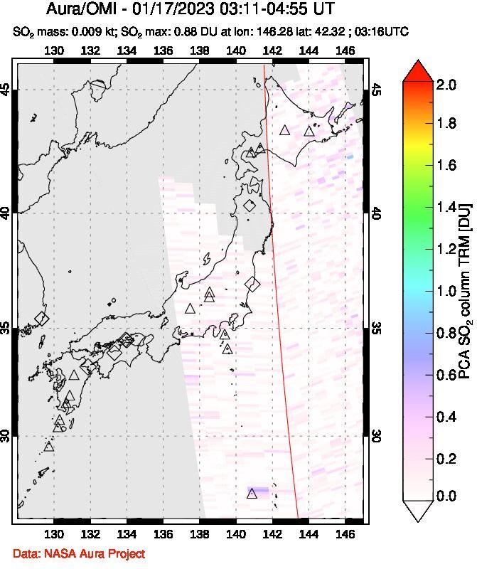 A sulfur dioxide image over Japan on Jan 17, 2023.