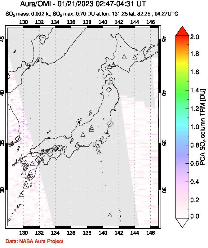 A sulfur dioxide image over Japan on Jan 21, 2023.