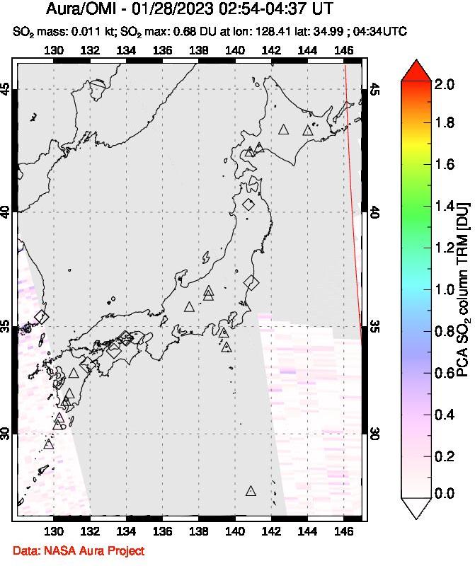 A sulfur dioxide image over Japan on Jan 28, 2023.