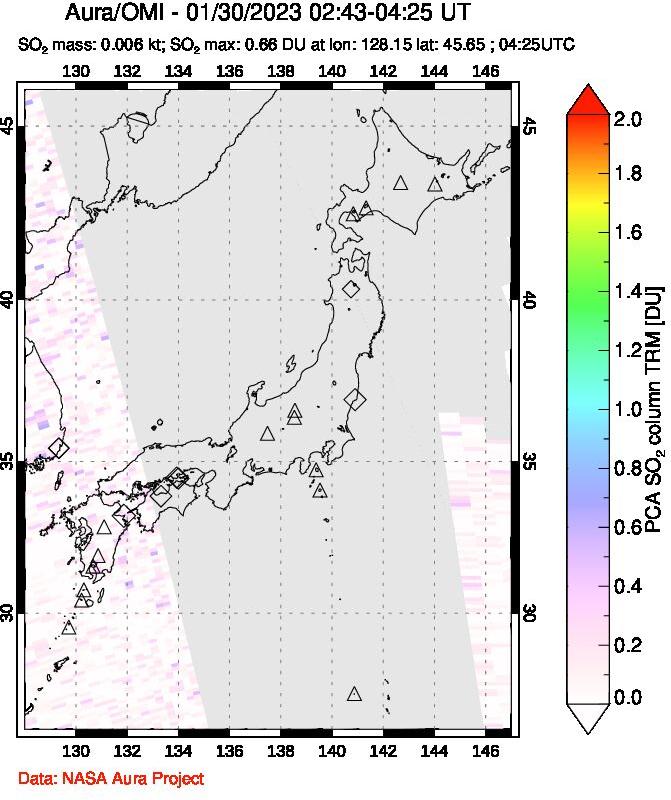 A sulfur dioxide image over Japan on Jan 30, 2023.