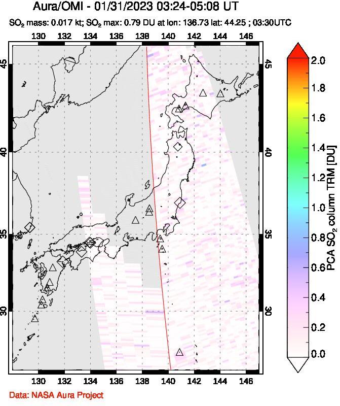 A sulfur dioxide image over Japan on Jan 31, 2023.