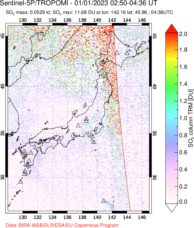 A sulfur dioxide image over Japan on Jan 01, 2023.