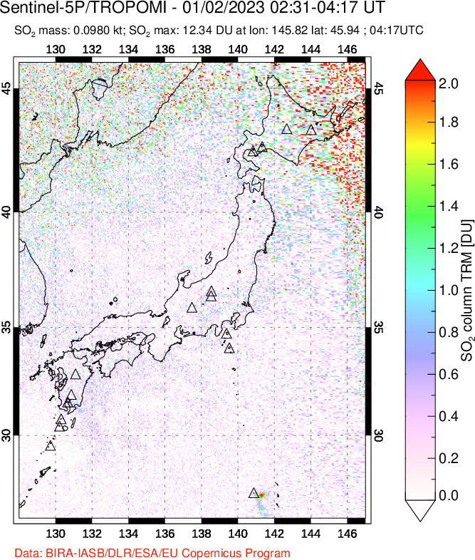A sulfur dioxide image over Japan on Jan 02, 2023.
