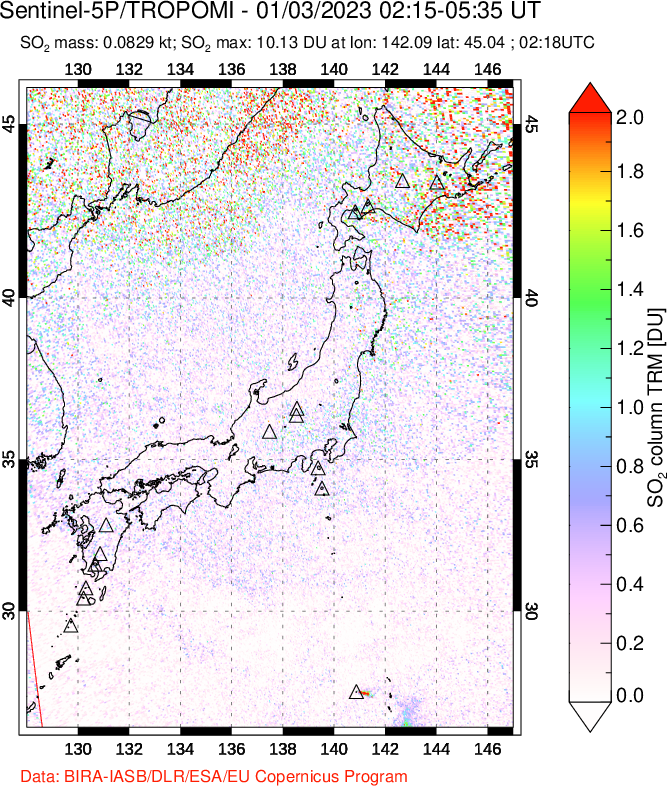 A sulfur dioxide image over Japan on Jan 03, 2023.