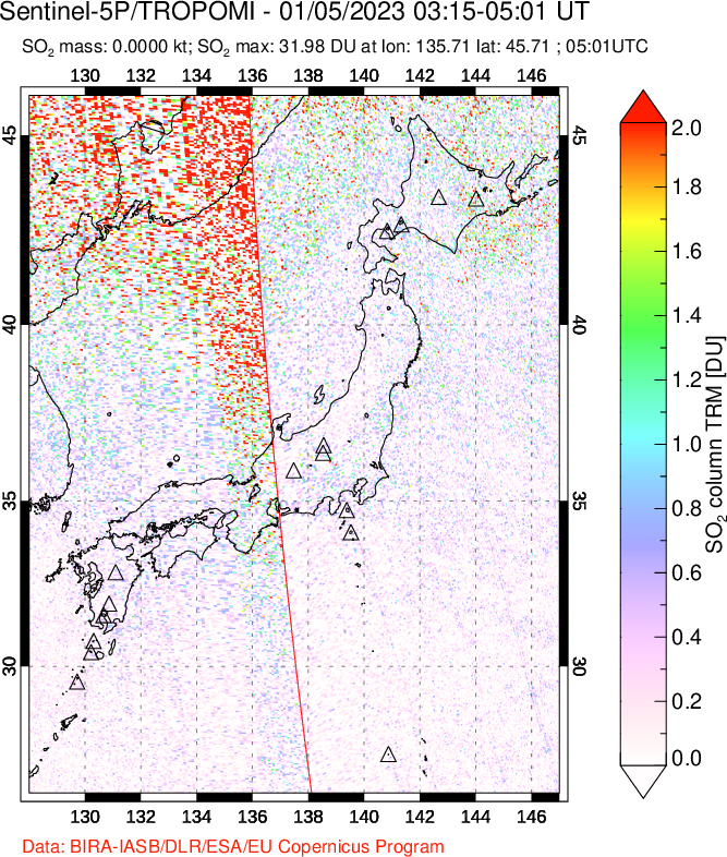 A sulfur dioxide image over Japan on Jan 05, 2023.