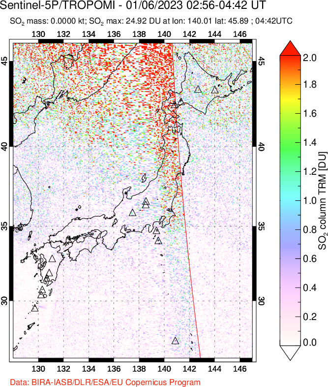 A sulfur dioxide image over Japan on Jan 06, 2023.