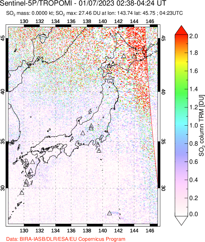 A sulfur dioxide image over Japan on Jan 07, 2023.