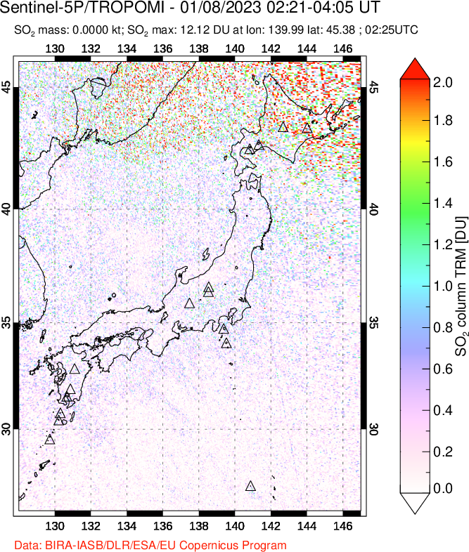 A sulfur dioxide image over Japan on Jan 08, 2023.