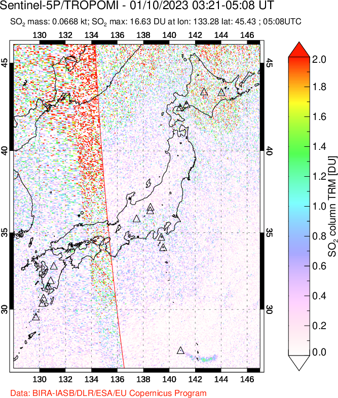 A sulfur dioxide image over Japan on Jan 10, 2023.