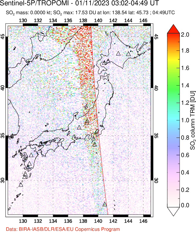 A sulfur dioxide image over Japan on Jan 11, 2023.