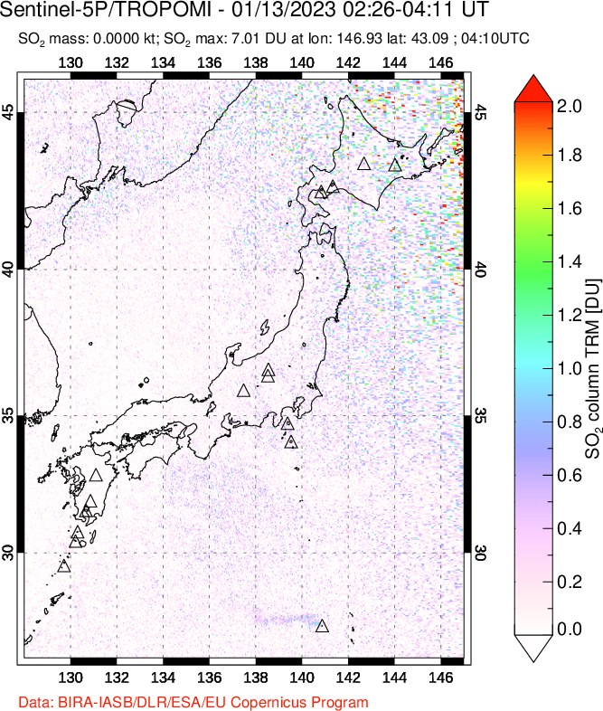A sulfur dioxide image over Japan on Jan 13, 2023.