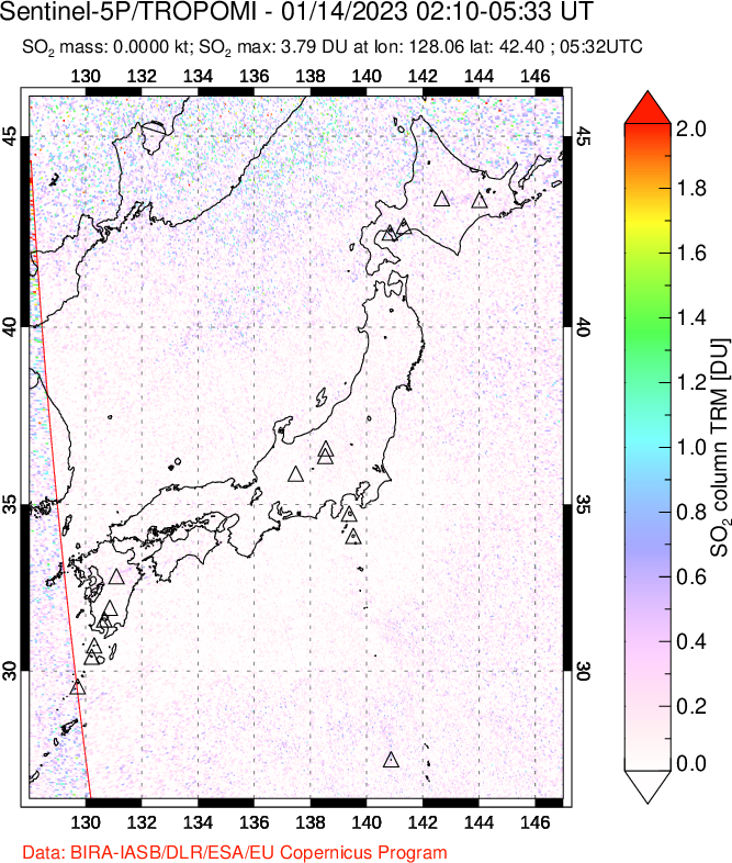 A sulfur dioxide image over Japan on Jan 14, 2023.