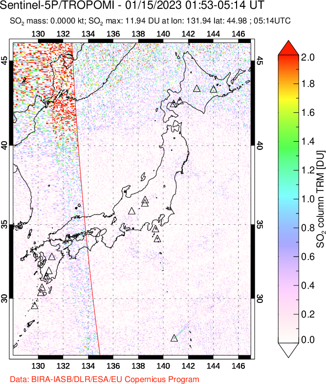 A sulfur dioxide image over Japan on Jan 15, 2023.