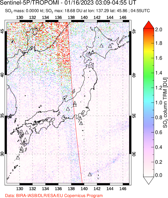 A sulfur dioxide image over Japan on Jan 16, 2023.