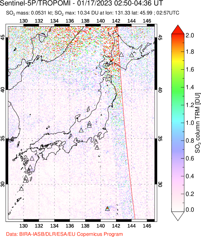 A sulfur dioxide image over Japan on Jan 17, 2023.