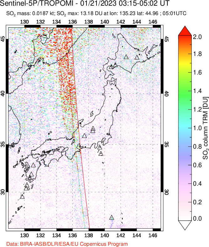 A sulfur dioxide image over Japan on Jan 21, 2023.