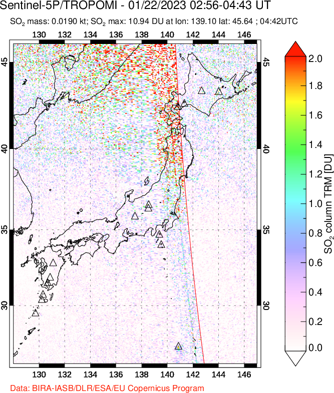 A sulfur dioxide image over Japan on Jan 22, 2023.