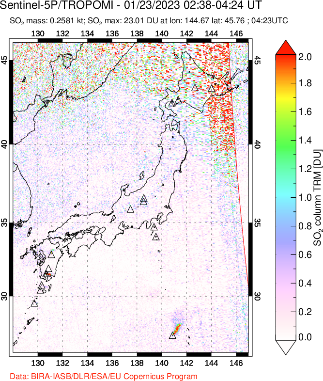 A sulfur dioxide image over Japan on Jan 23, 2023.