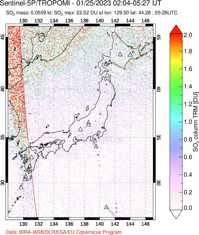 A sulfur dioxide image over Japan on Jan 25, 2023.