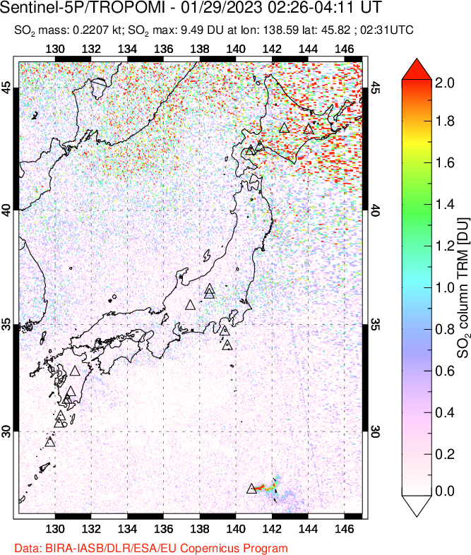 A sulfur dioxide image over Japan on Jan 29, 2023.