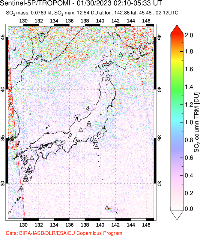 A sulfur dioxide image over Japan on Jan 30, 2023.