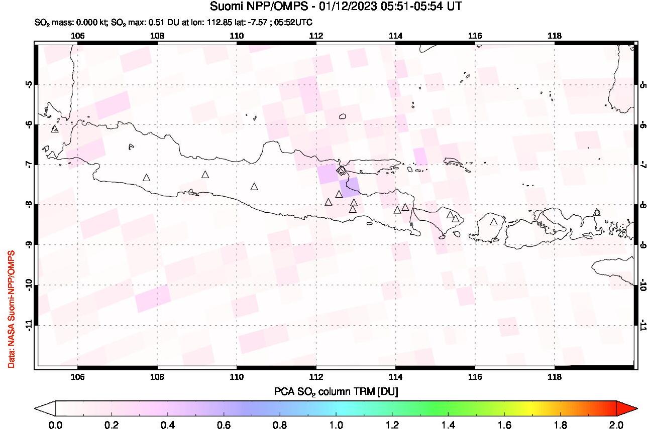 A sulfur dioxide image over Java, Indonesia on Jan 12, 2023.