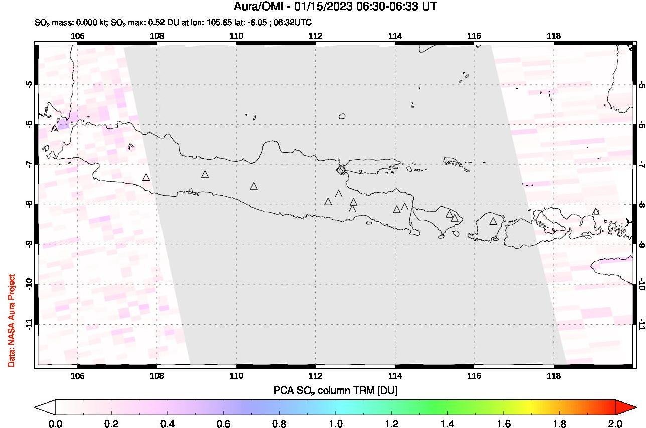 A sulfur dioxide image over Java, Indonesia on Jan 15, 2023.
