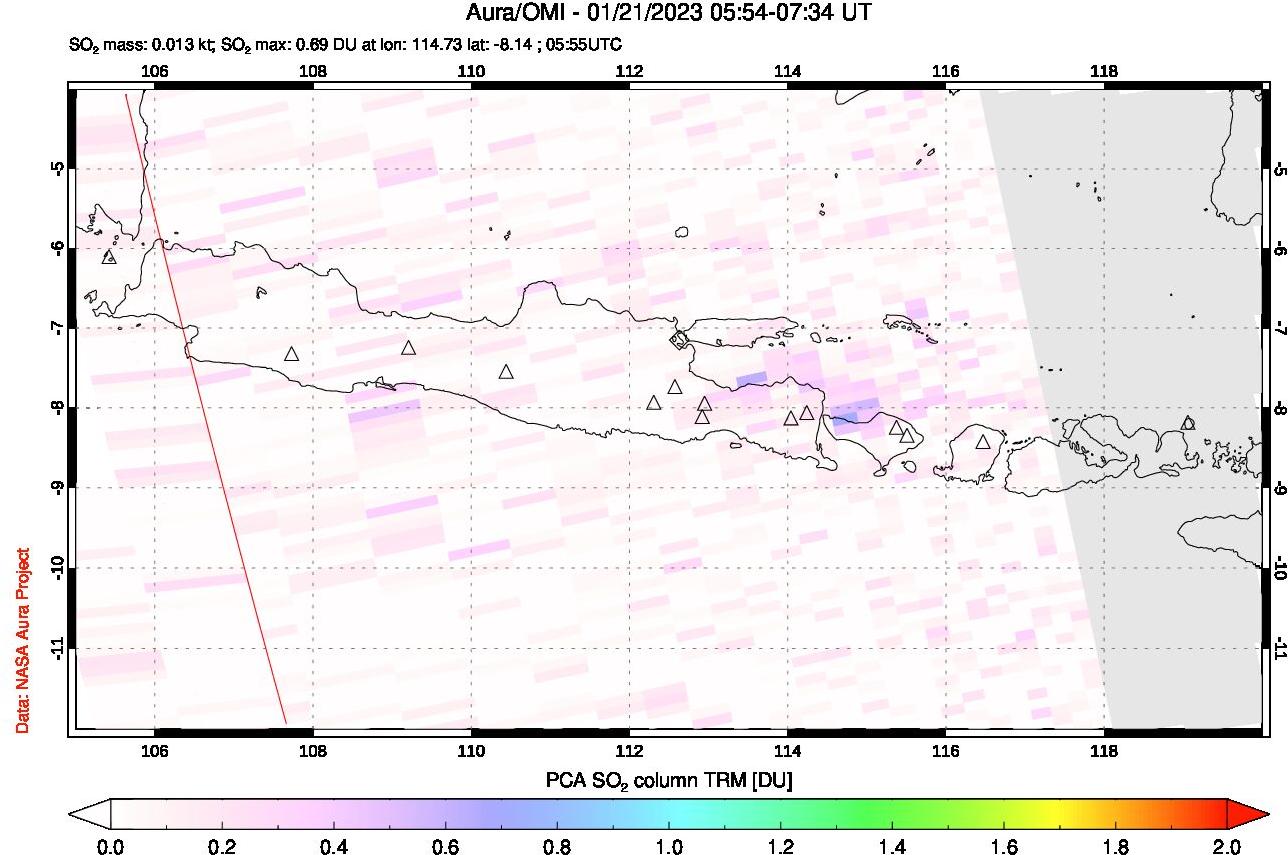 A sulfur dioxide image over Java, Indonesia on Jan 21, 2023.