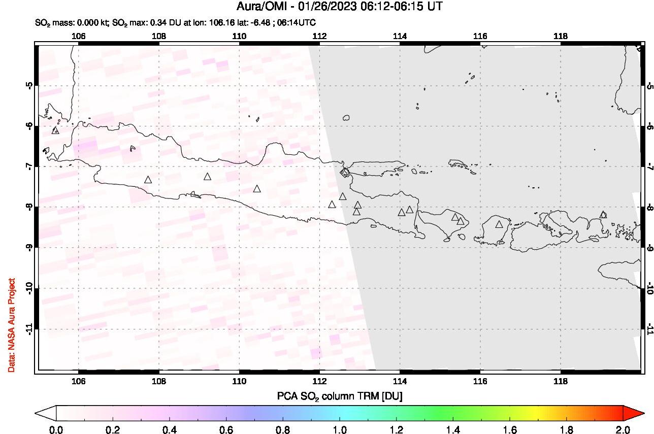 A sulfur dioxide image over Java, Indonesia on Jan 26, 2023.