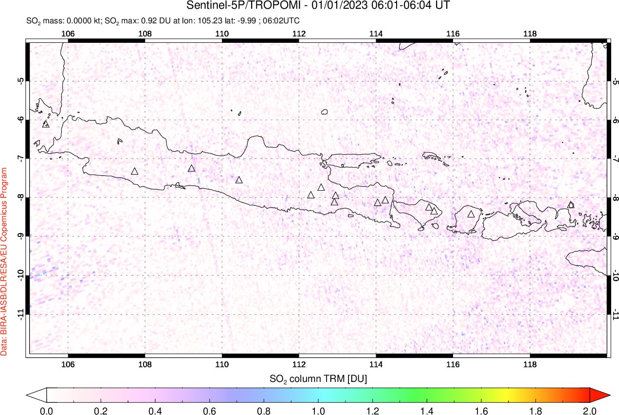 A sulfur dioxide image over Java, Indonesia on Jan 01, 2023.