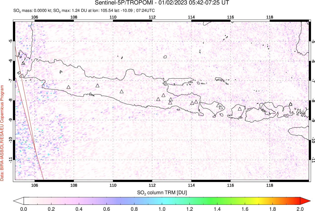 A sulfur dioxide image over Java, Indonesia on Jan 02, 2023.