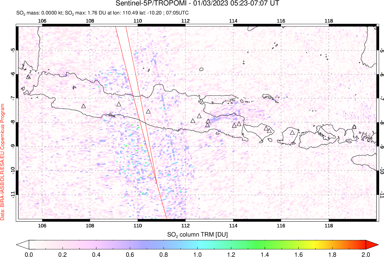 A sulfur dioxide image over Java, Indonesia on Jan 03, 2023.