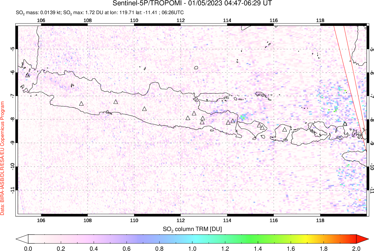 A sulfur dioxide image over Java, Indonesia on Jan 05, 2023.