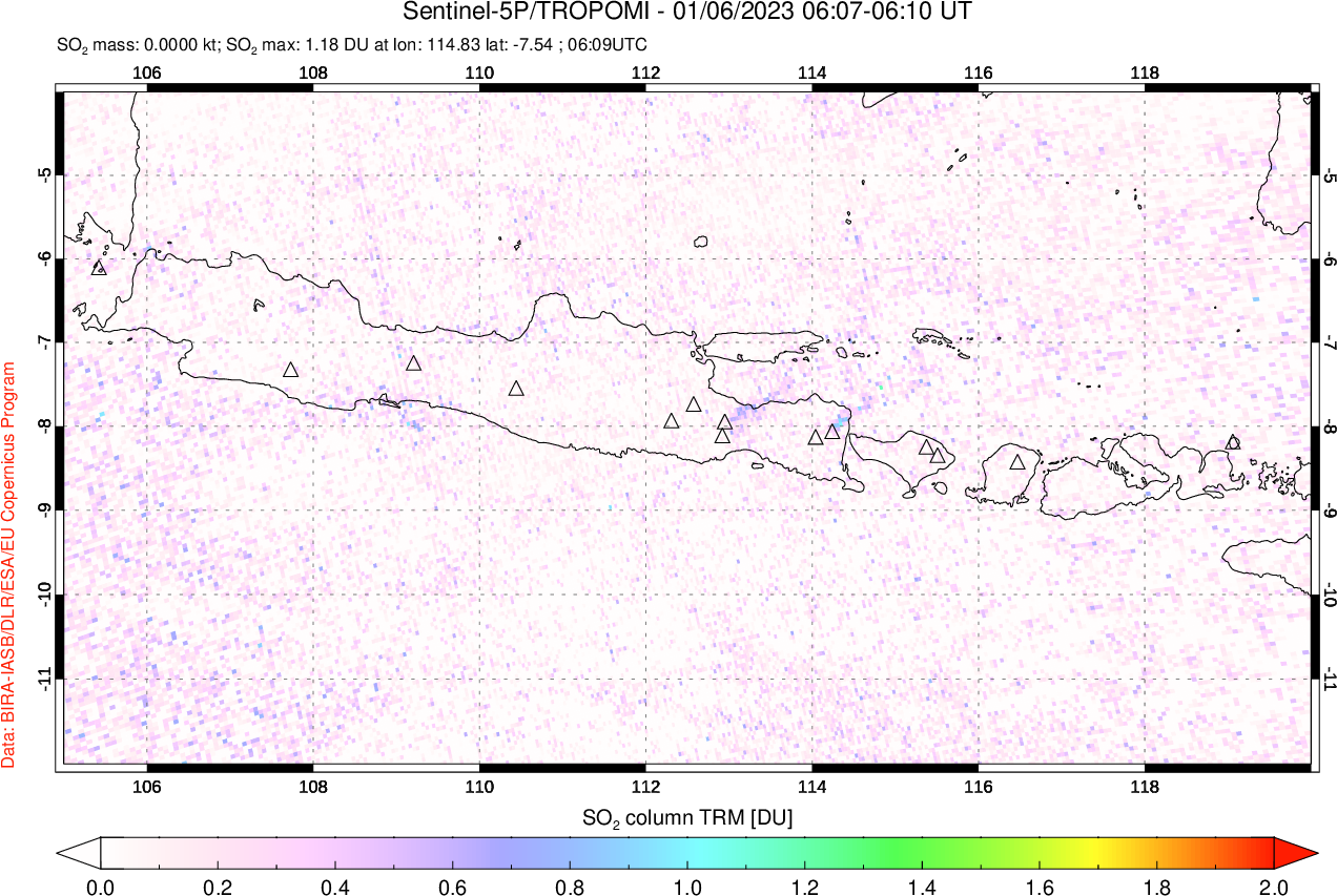 A sulfur dioxide image over Java, Indonesia on Jan 06, 2023.