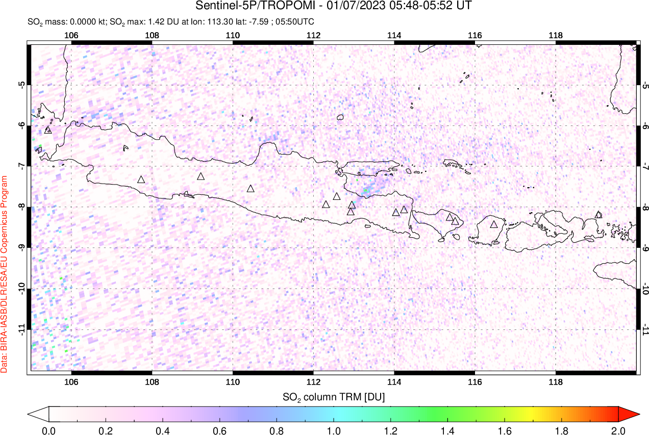 A sulfur dioxide image over Java, Indonesia on Jan 07, 2023.