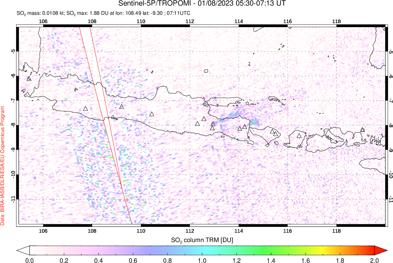 A sulfur dioxide image over Java, Indonesia on Jan 08, 2023.