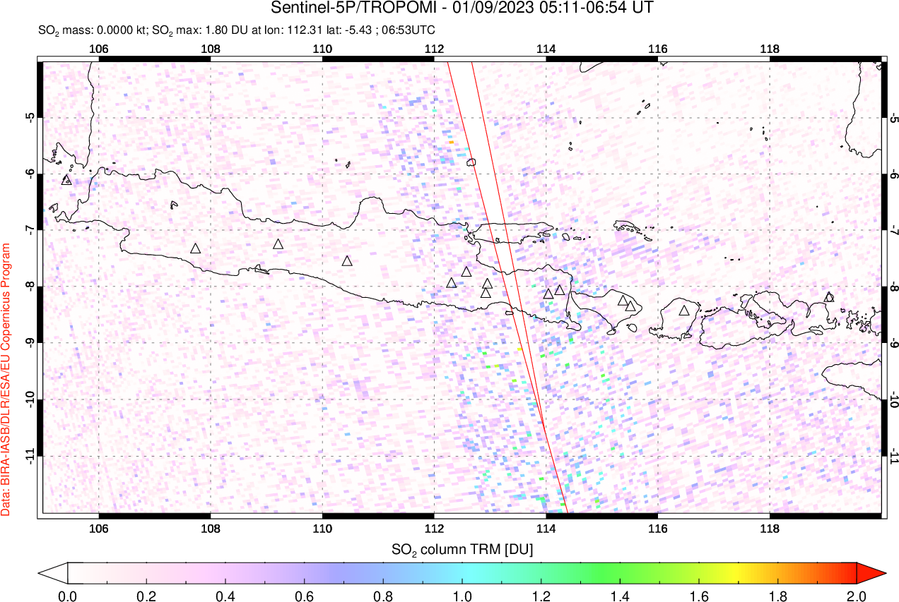A sulfur dioxide image over Java, Indonesia on Jan 09, 2023.