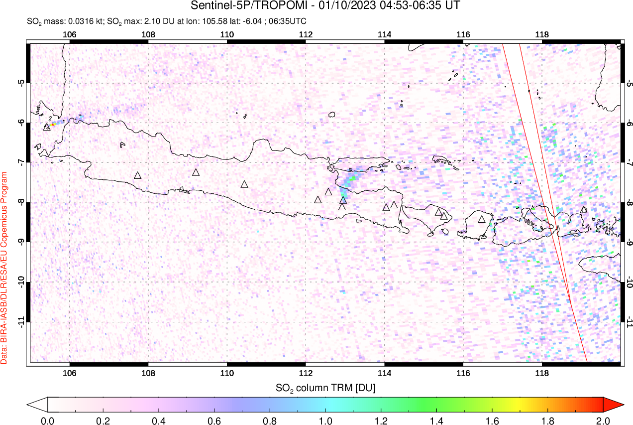 A sulfur dioxide image over Java, Indonesia on Jan 10, 2023.
