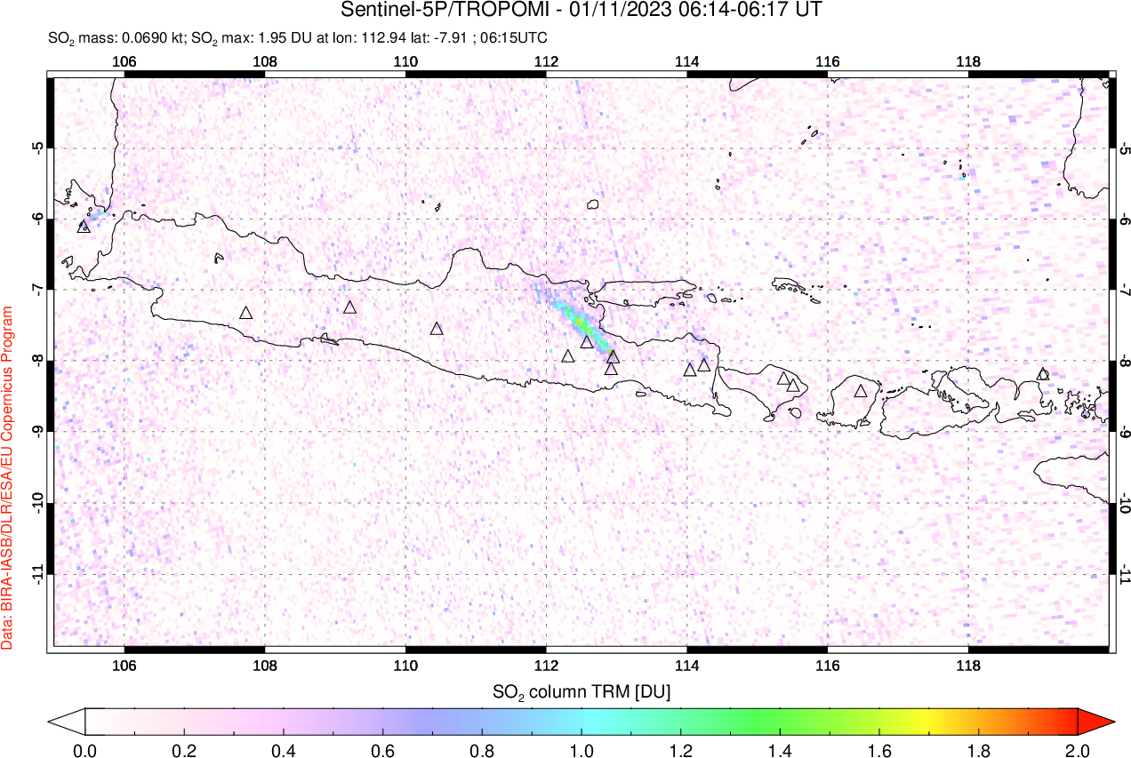 A sulfur dioxide image over Java, Indonesia on Jan 11, 2023.