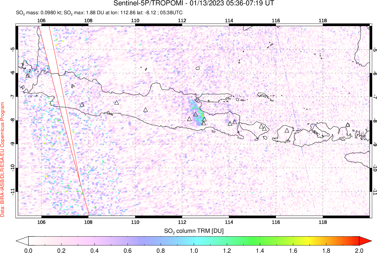 A sulfur dioxide image over Java, Indonesia on Jan 13, 2023.