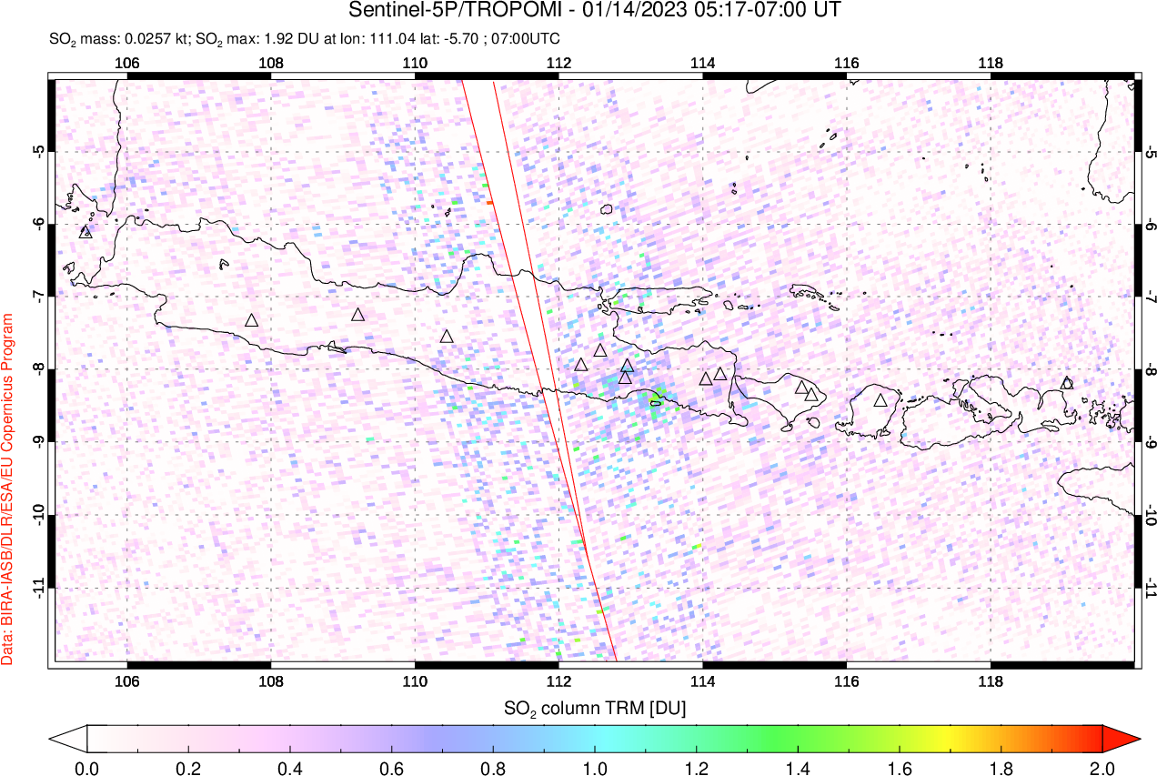 A sulfur dioxide image over Java, Indonesia on Jan 14, 2023.