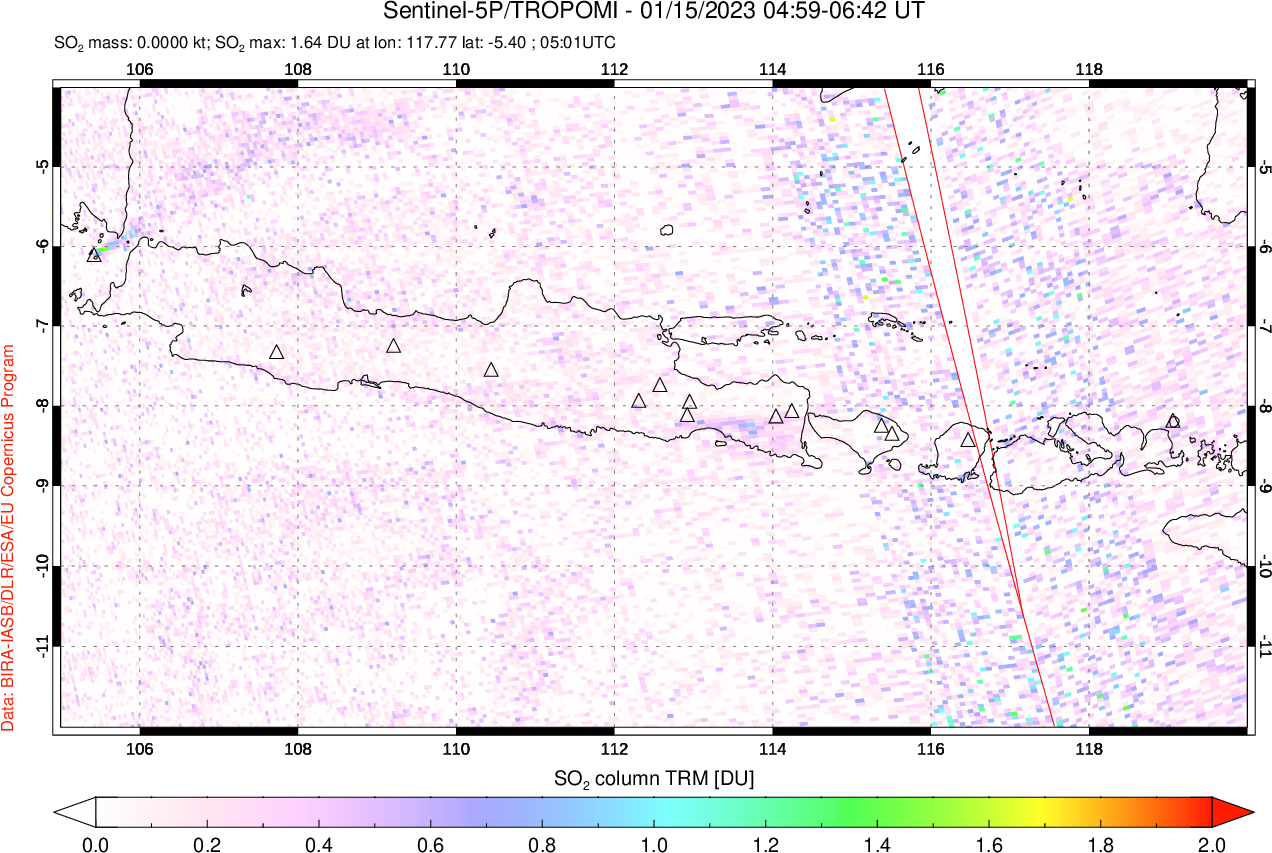A sulfur dioxide image over Java, Indonesia on Jan 15, 2023.