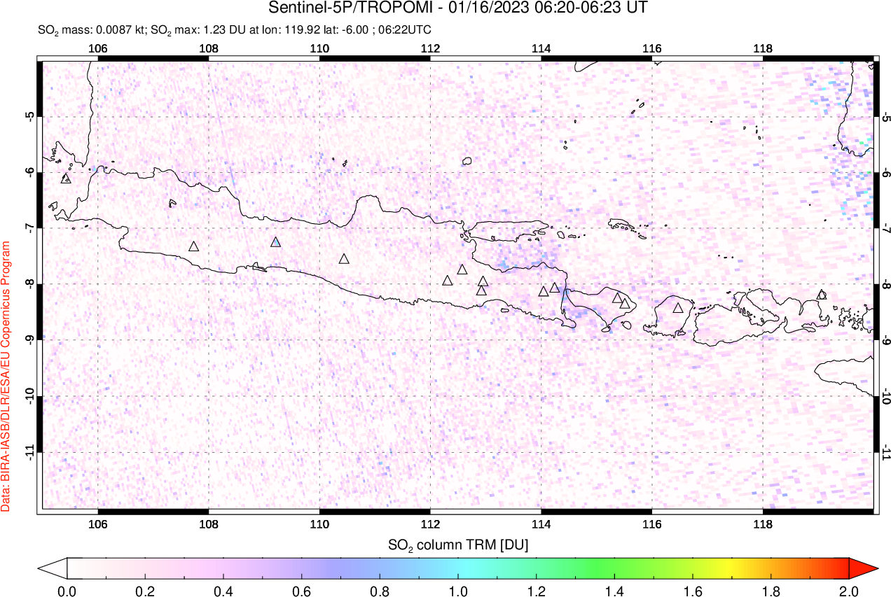 A sulfur dioxide image over Java, Indonesia on Jan 16, 2023.