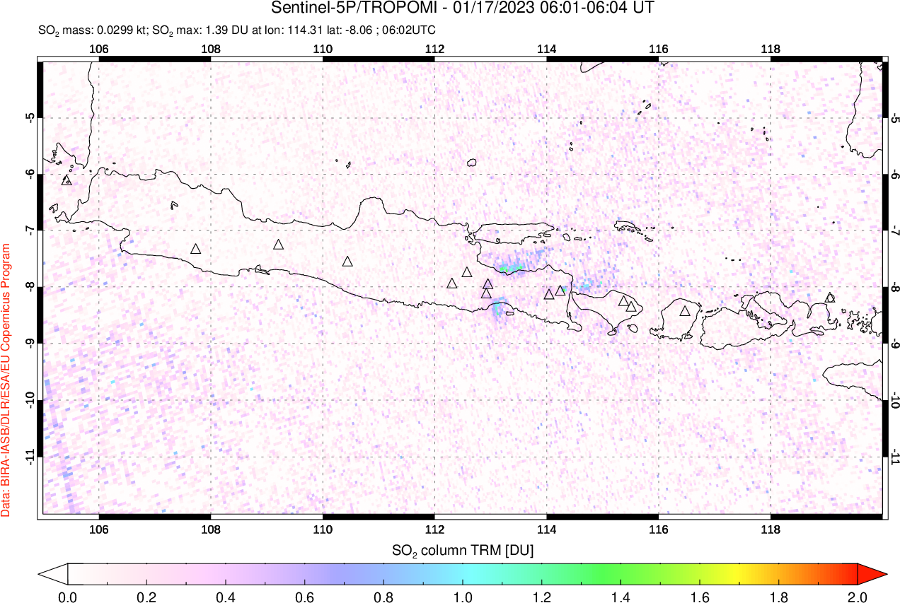 A sulfur dioxide image over Java, Indonesia on Jan 17, 2023.