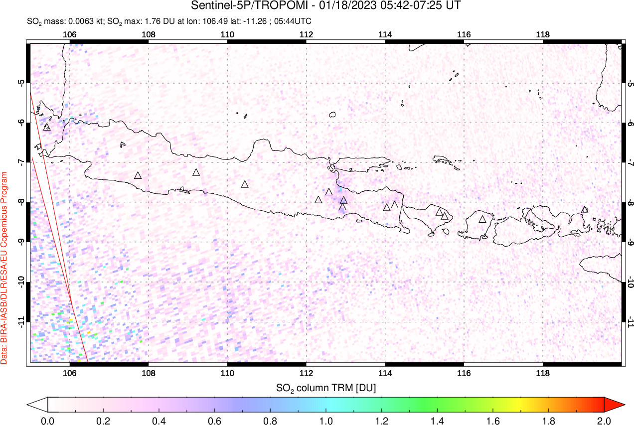 A sulfur dioxide image over Java, Indonesia on Jan 18, 2023.