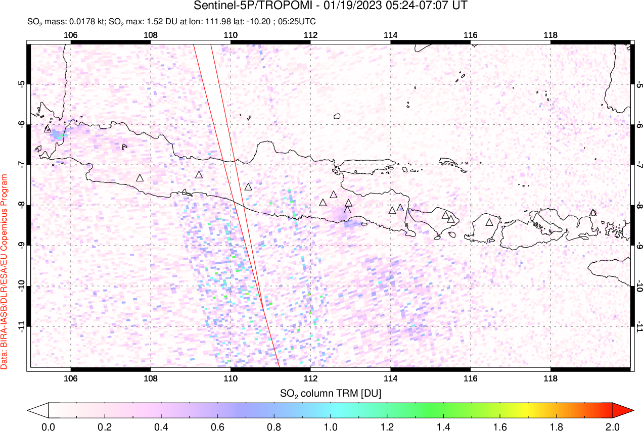 A sulfur dioxide image over Java, Indonesia on Jan 19, 2023.