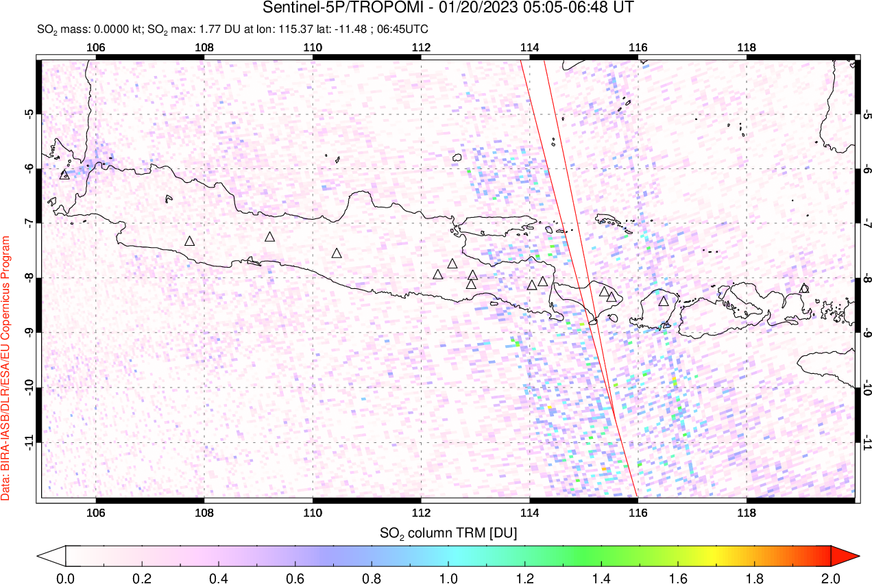 A sulfur dioxide image over Java, Indonesia on Jan 20, 2023.