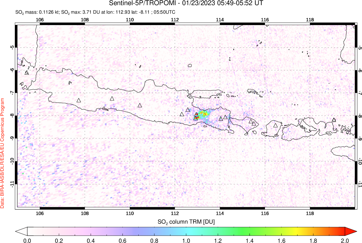 A sulfur dioxide image over Java, Indonesia on Jan 23, 2023.